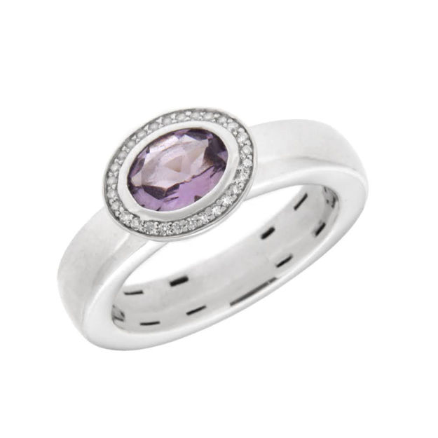 Rhodinert sølv ring rosett med Cubic Zirconia & lilla sten