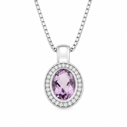 Rhodinert sølv halssmykke rosett med Cubic Zirconia & lilla sten 45cm