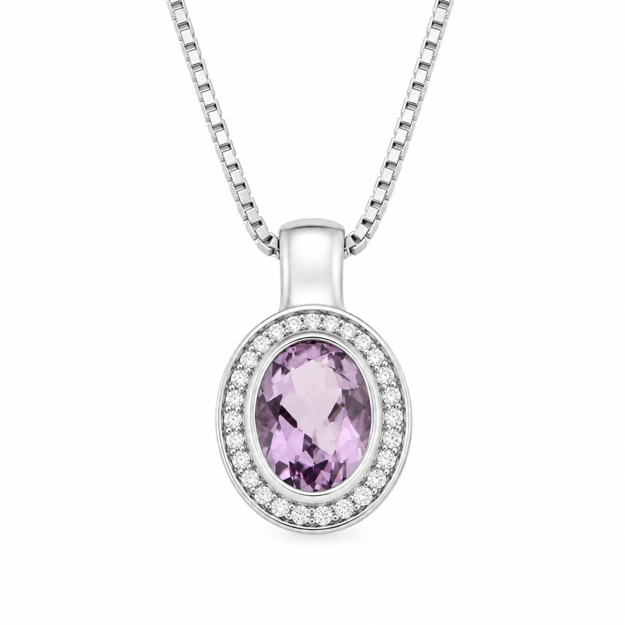 Rhodinert sølv halssmykke rosett med Cubic Zirconia & lilla sten 45cm