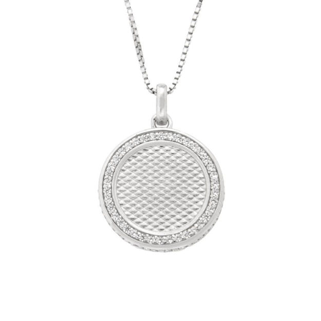 Rhodinert sølv halssmykke 20mm mønstret sirkel med Cubic Zirconia 45cm