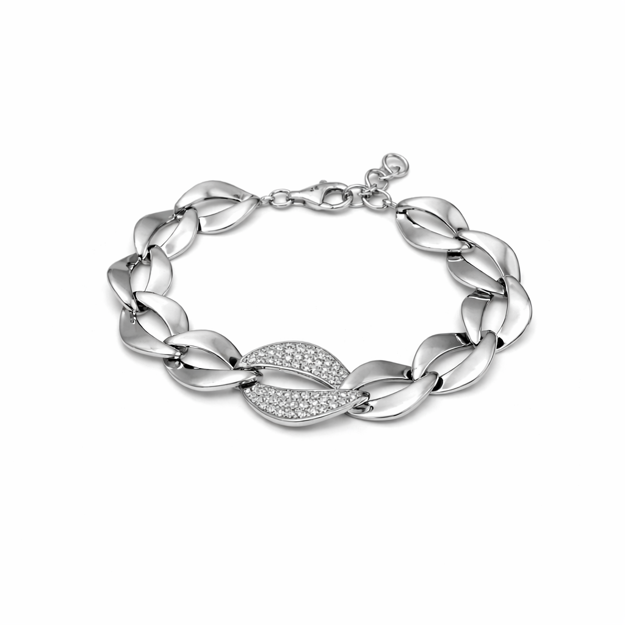 Rhodinert sølv armlenke lenkede former med cubic zirconia 21,5cm