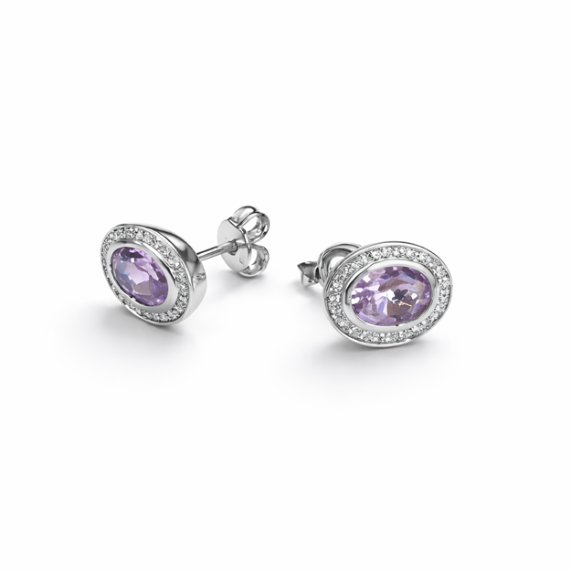 Rhodinert sølv øredobber rosett med Cubic Zirconia og amethyst-lilla sten