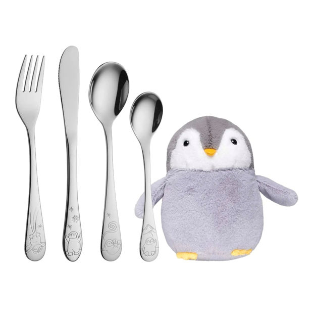 Pingvin stålbestikk 4 deler med pingvin kosedyr