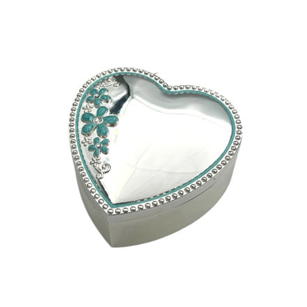 Smykkeskrin sølvplett hjerte med blå blomster 7,5cm