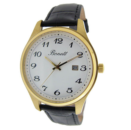 Bonett herreur 3ATM 42mm double med hvit skive, tall og svart reim