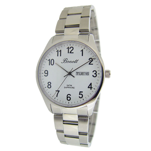 Bonett herreur 5ATM 38mm stål med safir hvit skive og lenke,tall