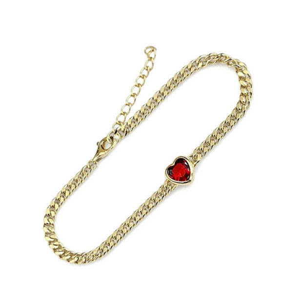 Forgylt sølv armlenke rødt zircon-hjerte 16+3cm