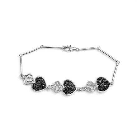 Rhodinert sølv armlenke blomster med zirconer & hjerter med sorte zirconer 18.5cm