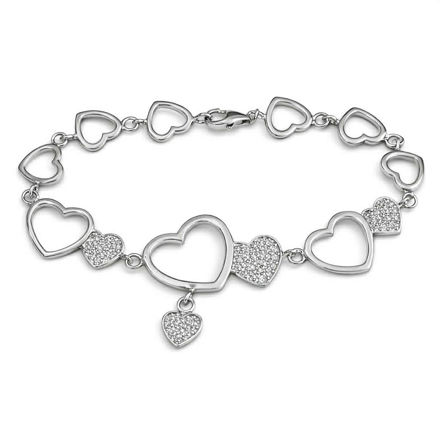 Armlenke rhodinert sølv med hjerter i zirconer + åpne hjerter 19cm