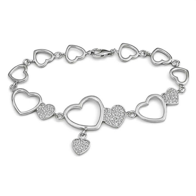 Armlenke rhodinert sølv med hjerter i zirconer + åpne hjerter 19cm