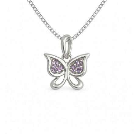 Rhodinert sølv anheng sommerfugl med lilla zirconer 14mm 42cm