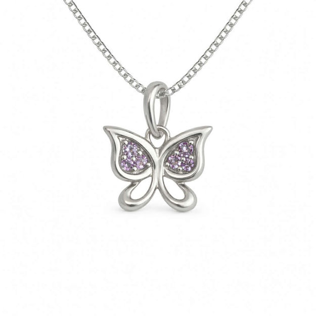 Rhodinert sølv anheng sommerfugl med lilla zirconer 14mm 42cm