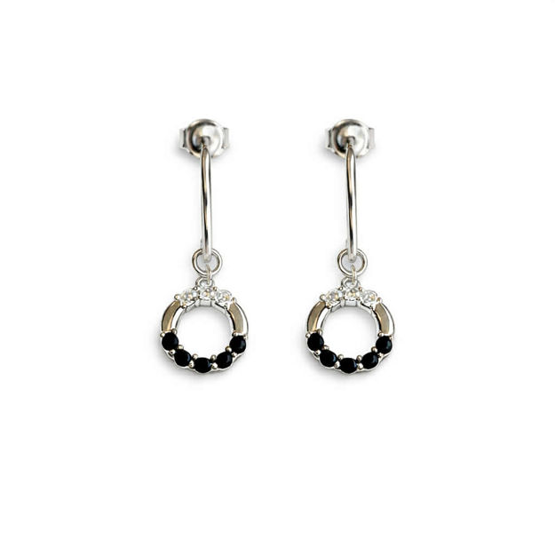 Rhodinert sølv øreheng åpen sirkel med sorte/blanke cubic zirconia