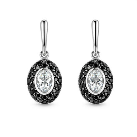 Rhodinert sølv øreheng oval cubic zirconia med sorte zirconer
