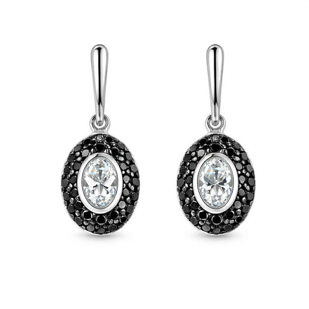 Rhodinert sølv øreheng oval cubic zirconia med sorte zirconer