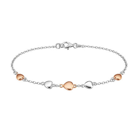 Rhodinert sølv armlenke med 5 hjerter rhodinert + rosé 18cm