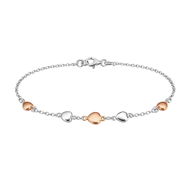 Rhodinert sølv armlenke med 5 hjerter rhodinert + rosé 18cm