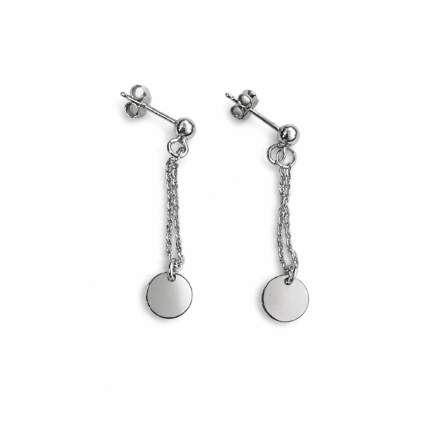Rhodinert sølv øreheng med rund plate 8mm og 2,5cm dobbelt-kjede