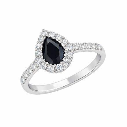 Rhodinert sølv ring sort dråpe med kant av blanke zirconer