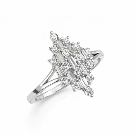 Rhodinert sølv ring marquise med zirconer i baguette- og rundslipt fasett