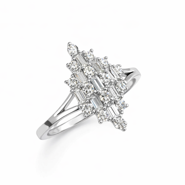 Rhodinert sølv ring marquise med zirconer i baguette- og rundslipt fasett