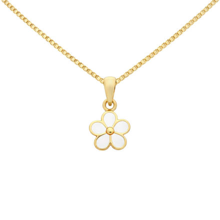 Lille Venn forgylt sølv halssmykke blomst hvit emalje 8,3mm