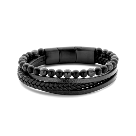 Frank 1967 stål armbånd svart lær og perler, svart stål