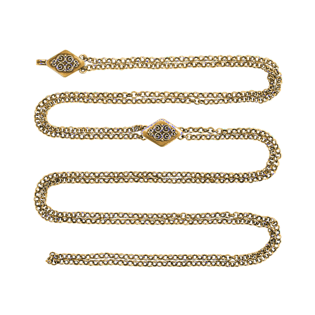 Kjede 88 cm med krok til Beltestakk, gammelforgylt 