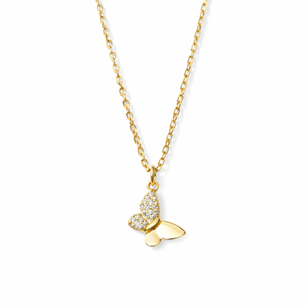 Forgylt sølv halssmykke sommerfugl med zirconer 47cm