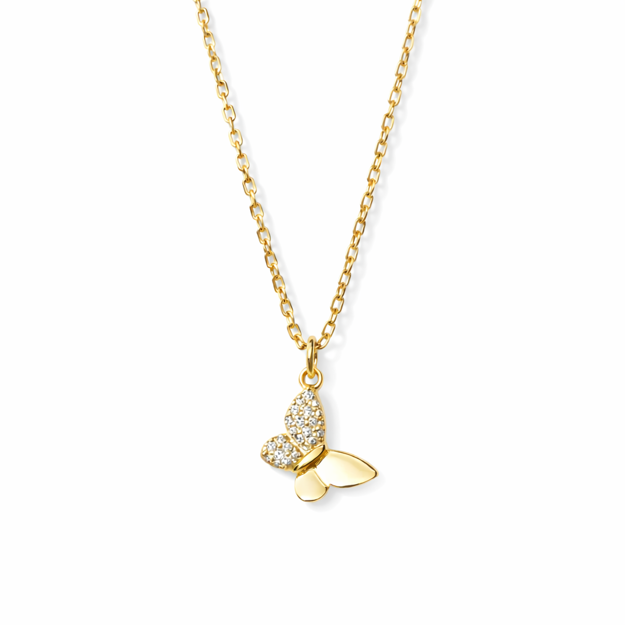 Forgylt sølv halssmykke sommerfugl med zirconer 47cm
