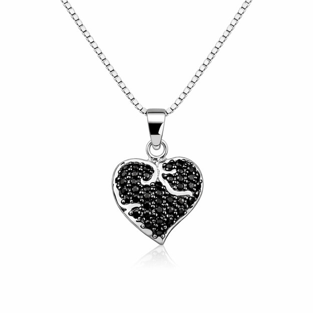 Rhodinert sølv anheng hjerte med sorte zirconer 42cm
