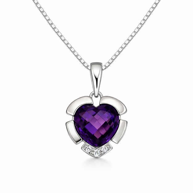 Rhodinert sølv anheng lilla zircon-hjerte og blanke cubic zirconia 42cm