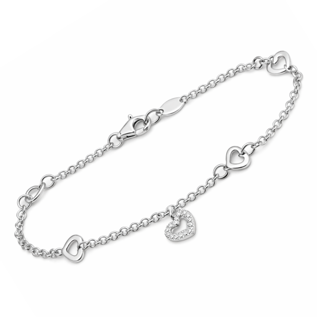 Rhodinert sølv armlenke med 5 hjerter glatte/zirconia 18cm
