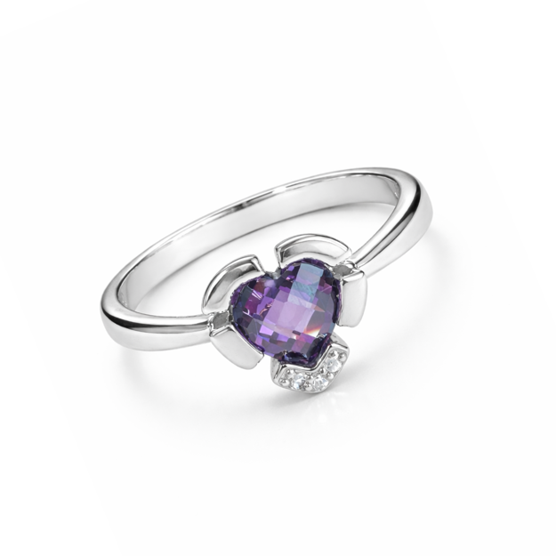 Rhodinert sølv ring lilla zircon-hjerte og blanke cubic zirconia