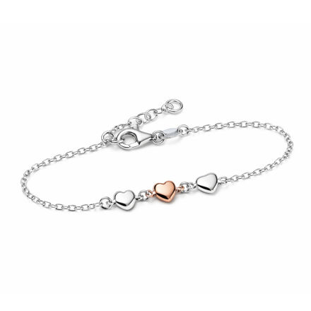 Rhodinert sølv armlenke med 3 hjerter 5x6mm rhodinert + rosé 14+2cm