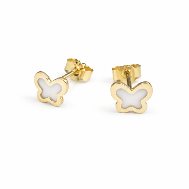 Gull ørepynt sommerfugl hvit perlemor 4x5mm