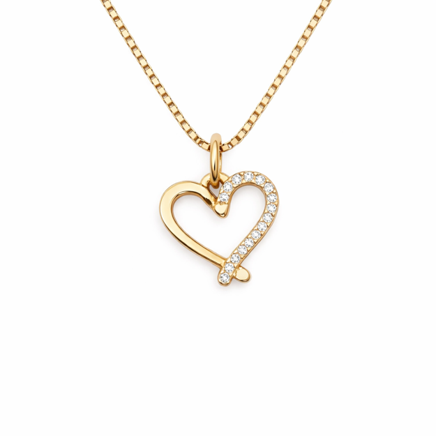 Gull halssmykke hjerte med zirconer