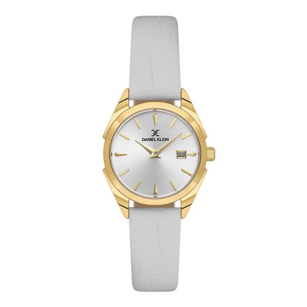 Daniel Klein Premium dameur i forgylt stål med sølvfarget skive og hvit skinn reim 3 ATM 28mm