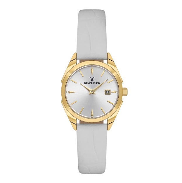 Daniel Klein Premium dameur i forgylt stål med sølvfarget skive og hvit skinn reim 3 ATM 28mm