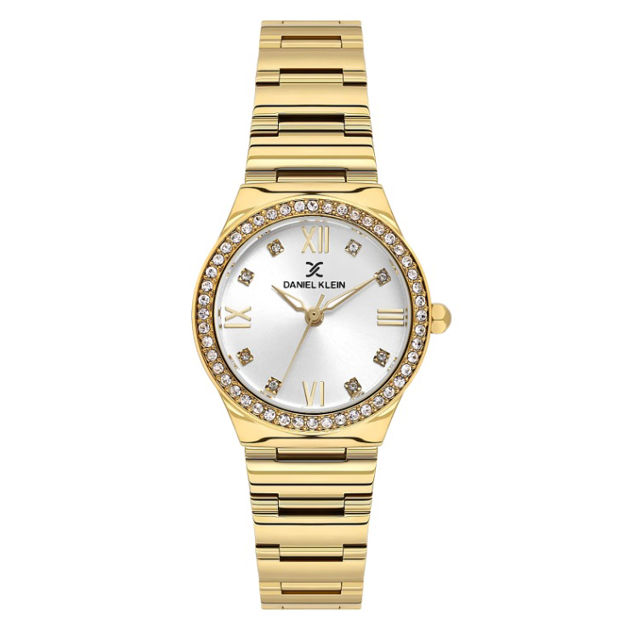 Daniel Klein Premium dameur i forgylt stål med sølvfarget skive, lenke, 3 ATM 28mm