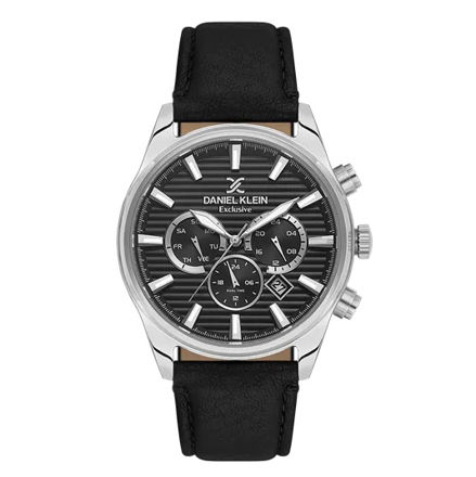 Daniel Klein Exclusive herreur i stål med svart skive & svart skinn reim 5 ATM  44mm