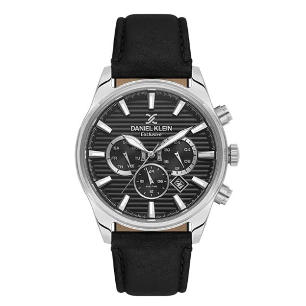 Daniel Klein Exclusive herreur i stål med svart skive & svart skinn reim 5 ATM  44mm