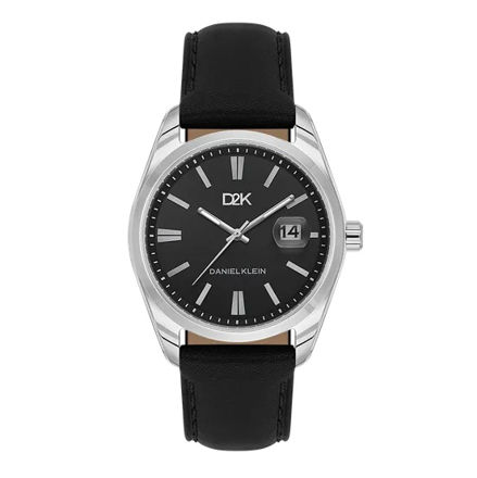 Daniel Klein D2K herreur i stål med svart skive & svart skinn reim 3 ATM  42mm