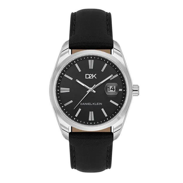 Daniel Klein D2K herreur i stål med svart skive & svart skinn reim 3 ATM  42mm