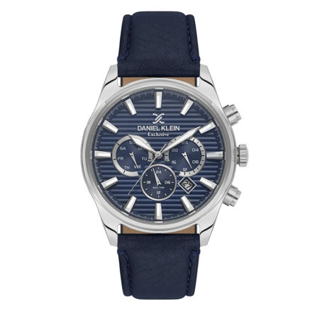 Daniel Klein Exclusive herreur i stål med blå skive & blå skinn reim 5 ATM  44mm