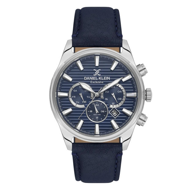 Daniel Klein Exclusive herreur i stål med blå skive & blå skinn reim 5 ATM  44mm