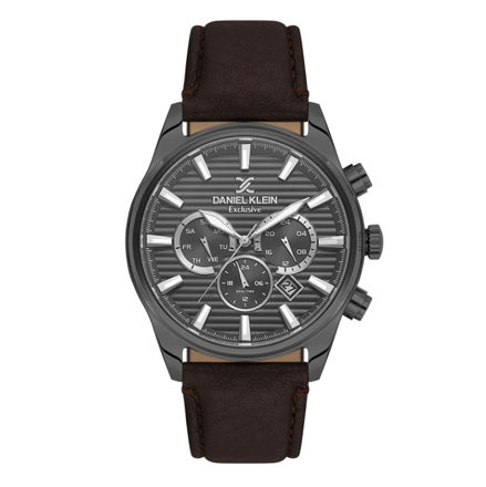 Daniel Klein Exclusive herreur i stål med grå skive & brun skinn reim 5 ATM  44mm