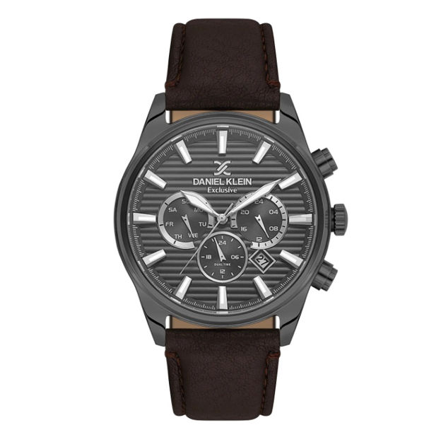 Daniel Klein Exclusive herreur i stål med grå skive & brun skinn reim 5 ATM  44mm