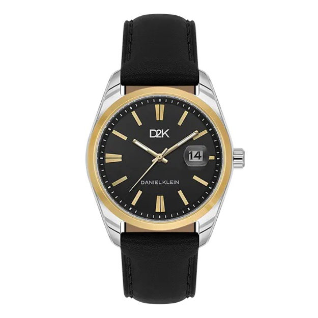 Daniel Klein D2K herreur i tofarget stål med svart skive & svart skinn reim 3 ATM  42mm