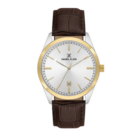 Daniel Klein Premium herreur tofarget med sølv skive & brun skinn reim 5 ATM  42mm